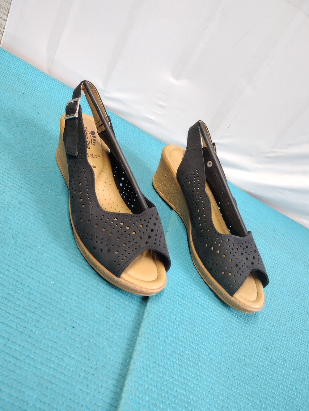 Spring Step Wedge Black Perforated Slingback Sandals Peep Toe - 9